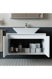 ROOMART Banos Banyo Ld7 Ayaksız 2 Kapaklı Lavabolu Mat Beyaz Mdf 85 Cm Banyo Dolabı - 1