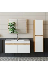 ROOMART  Lavabolu  Atlantik-beyaz Mat Mdf 100 Cm Banyo Alt Dolap + Aynalı Üst Dolap + Boy Dolap - 1