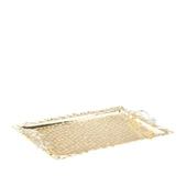 Nikel Japon Gülü Dikdörtgen Tepsi + 6'lı Çizgili Çay Bardağı Altın - 2