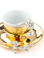 Nikel Japon Gülü Dikdörtgen Tepsi + 6'lı Çizgili Kahve Fincanı Altın thumbnail 4