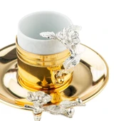 Nikel Japon Gülü Yuvarlak Tepsi + 6'lı Çizgili Kahve Fincanı Altın thumbnail 2