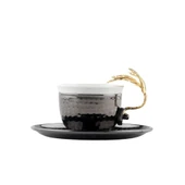 Bakır Kahve Fincanı Porselen Kahve Fincanı Altın Tüylü 2'li Kahve Fincanı Siyah thumbnail 2