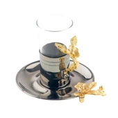 Bakır Çay Bardağı Cam Bardak Altın Japon Gülü Çizgili Çay Bardağı Siyah - 2