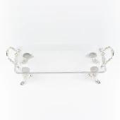 Dikdörtgen Cam Tepsi Ayaklı Kulplu Gümüş Detaylı - 1