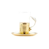 Nikel Tüylü Yuvarlak Tepsi + 6'lı Çay Bardağı Altın - 2