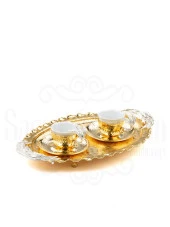 Nikel Tüylü Oval Tepsi + 2'li Kahve Fincanı Altın - 1