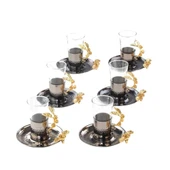 Bakır Çay Bardağı Cam Çay Bardağı Altın Güllü 6'lı Çay Bardağı Siyah - 1