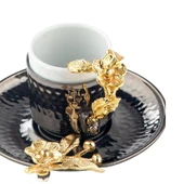 Bakır Kahve Fincanı Porselen Kahve Fincanı Altın Japon Gülü 2'li Kahve Fincanı Siyah thumbnail 3