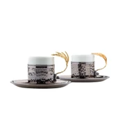 Bakır Kahve Fincanı Porselen Kahve Fincanı Altın Tüylü 2'li Kahve Fincanı Siyah thumbnail 1