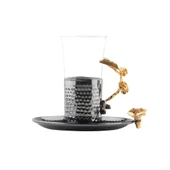 Bakır Çay Bardağı Cam Çay Bardağı Altın Güllü 2'li Çay Bardağı Siyah - 3