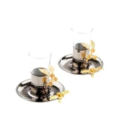 Bakır Çay Bardağı Cam Çay Bardağı Altın Güllü 2'li Çay Bardağı Siyah - 2