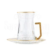 Bardak Çay Bardağı Seti 6'lı Çay Seti Çay Takımı Lux Dik Çapraz Heybeli Kulplu Çay Seti İç Yaldız Altın - 2