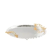 Altın Japon Gülü Yuvarlak Tepsi + 6'lı Çizgili Çay Bardağı Nikel - 2