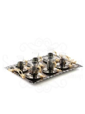 Altın Japon Gülü Dikdörtgen Tepsi + 6'lı Çizgili Çay Bardağı Siyah - 1