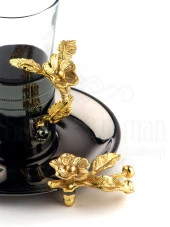 Altın Japon Gülü Dikdörtgen Tepsi + 6'lı Çizgili Çay Bardağı Siyah - 4