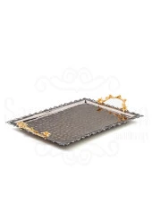 Altın Güllü Dikdörtgen Tepsi + 6'lı Çay Bardağı Siyah - 5