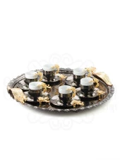 Altın Japon Gülü Yuvarlak Tepsi + 6'lı Çizgili Kahve Fincanı Siyah thumbnail 1