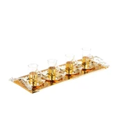 Nikel Japon Gülü Baton Tepsi + 4'lü Çizgili Çay Bardağı Altın - 1