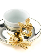 Altın Japon Gülü Yuvarlak Tepsi + 6'lı Çizgili Kahve Fincanı Nikel - 4