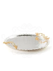 Altın Japon Gülü Yuvarlak Tepsi + 6'lı Çizgili Kahve Fincanı Nikel - 5