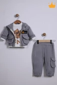 Babyhola Bayramlık 3'lü Kapşonlu Hırka Badi Pantolon Erkek Bebek Çocuk Alt Üst Takım - 1