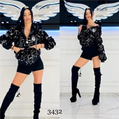 Kısa Peluş Crystal Taşlı Mont - SİYAH GÜMÜŞ - 1