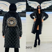 Sırtı Kanat Desen Crystal Taşlı Uzun Kaban - SİYAH GÜMÜŞ - 1