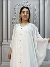 Şifon V Yaka Kapşonlu Crystal Taşlı Elbise - BEYAZ - 4
