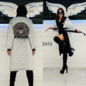Sırtı Kanat Desen Crystal Taşlı Uzun Kaban - GÜMÜŞ - 1