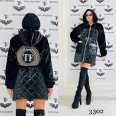 Yarı Peluş Crystal Taşlı Şişme Kaban - SİYAH GÜMÜŞ - 1