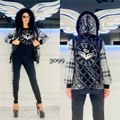 Sırt Kanat Detay Kürklü Yelekli Crystal Taşlı Üçlü Takım - GRİ - 1