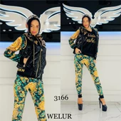 Kadife Omuz Taş Detaylı Şişme Yelekli Crystal Taşlı Üçlü Takım - YEŞİL - 1