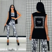 Crop Yelek Kemer Crystal Taşlı Üçlü Takım - EKRU - 1