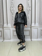 Tf Deri Crystal Taşlı Eşofman Takımı - SİYAH GÜMÜŞ thumbnail 3