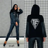 Tf Deri Crystal Taşlı Eşofman Takımı - SİYAH GÜMÜŞ - 1