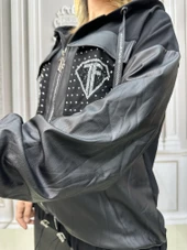 Tf Deri Crystal Taşlı Eşofman Takımı - SİYAH GÜMÜŞ thumbnail 4