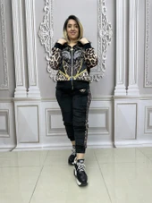 Leopar Desen Kürklü Crystal Taşlı Kadife Eşofman Takımı - BEJ - 4