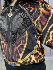Leopar Desen Kürklü Crystal Taşlı Kadife Eşofman Takımı - KAHVE - 4