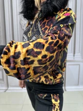 Leopar Desen Kürklü Crystal Taşlı Kadife Eşofman Takımı - KAHVE - 3