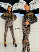 Omuz Çift Leopar Crystal Taşlı Kadife Eşofman Takımı - HAKİ - 1