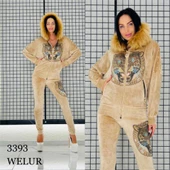 Mavi Gözlü Leoparlı Crystal Taşlı Kadife Eşofman Takımı - BEJ - 1