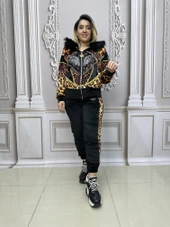 Leopar Desen Kürklü Crystal Taşlı Kadife Eşofman Takımı - KAHVE - 1