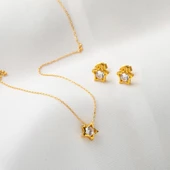 Yıldız Tektaşlı Kolye Küpeli 22 Ayar Altın Set - 2