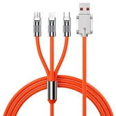 Valkyrie 6A 3in1  Apple Type-C Android Sıvı Silikon Data Hızlı Şarj Kablosu - Bakır Döşeme - Katlanmaz Kırılmaz Dayanıklı Kablo Turuncu - 6