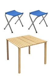 Exent 2 Adet Tabure ve 60 x 60 cm Katlanır Ahşap Kamp Masası seti-Piknik bahçe balkon seti - 2