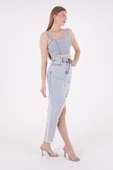 Püsküllü ve Çapraz Kesim Detaylı Cepli Astarsız Normal Belli Kadın Kot Etek Orta Mavi Denim Yaz - 4