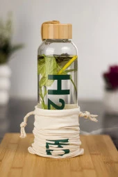H2o Borosilikat Cam Matara Bambu Vakum Kapaklı Su Şişesi Suluk Kumaş Kılıf Hediyeli 600 ML - 2