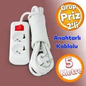 Topraklı Anahtarlı Düğmeli Çoklu 5 Metre Kablolu 2li Grup Priz Fiş Çoğaltıcı Asmalı Uzatma thumbnail 1