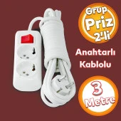 Grup Priz Fiş Çoğaltıcı 3 Metre Topraklı Anahtarlı Düğmeli Çoklu Kablolu 2li Asmalı Uzatma thumbnail 1