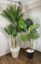BİÇİÇEK   YAPAY AREKA-BÜYÜK BOY PALMİYE AĞACI 4 BAMBU GÖVDELİ VE MONSTERA-DEVETABANI AĞACI  YALI SAKSIDA thumbnail 1